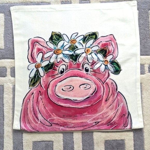 NEW Daisy PIG Pillow Cover 20X20" Pink Farmhouse Farm Life Country Year of the - Picture 2 of 8